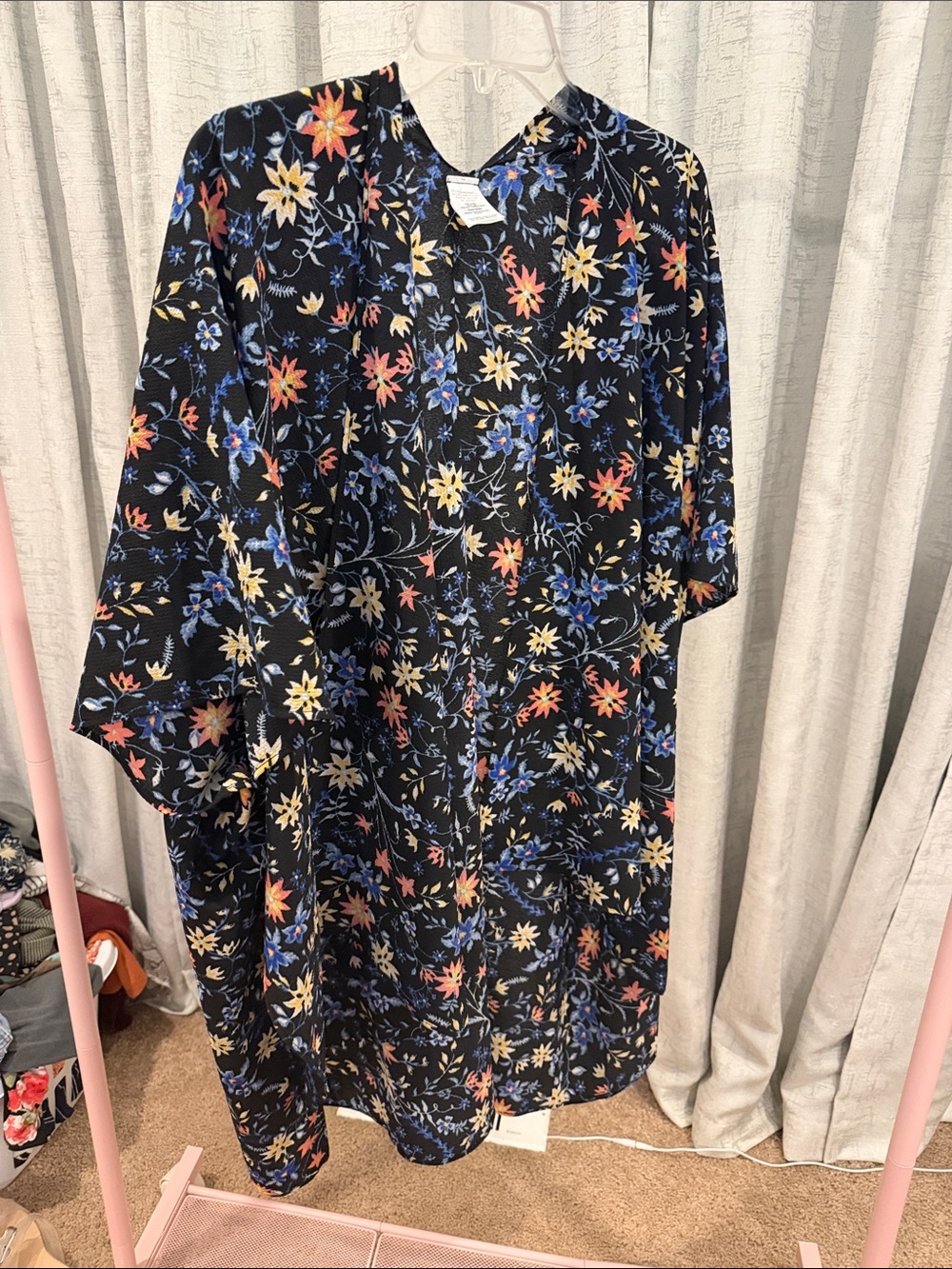 Black Floral Button-Front Midi Dress with Multicolor Flowers